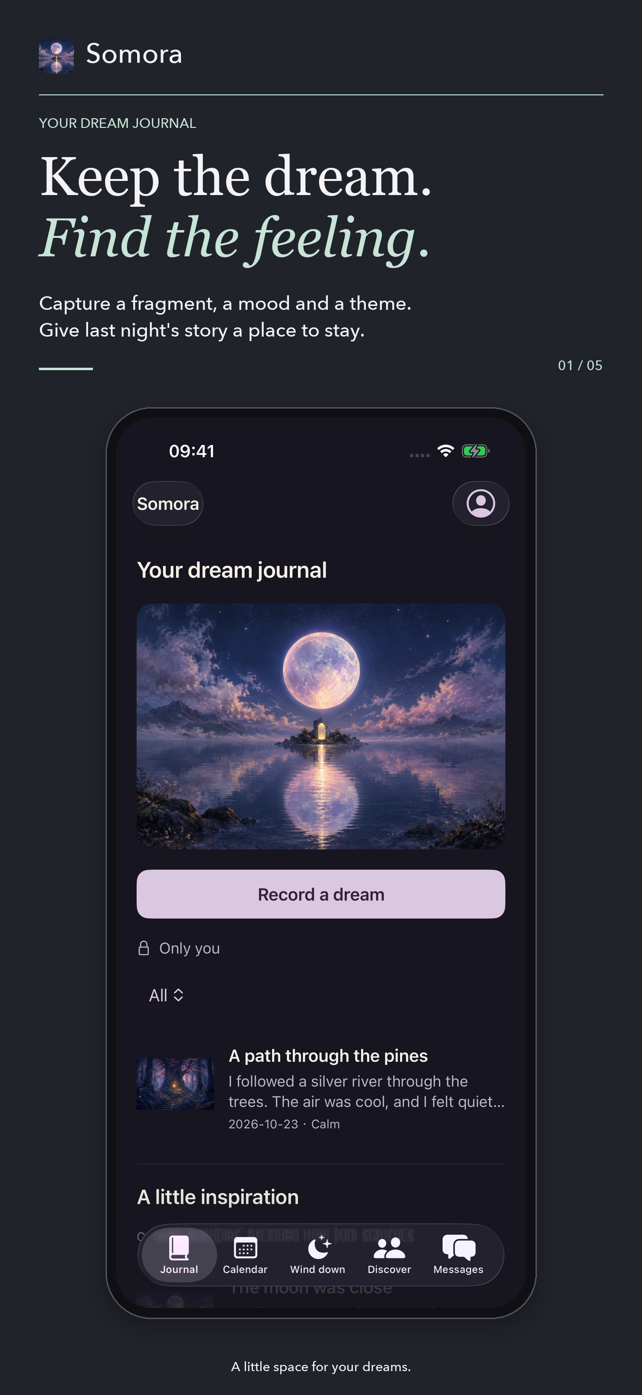Somora Journal screen with an example dream entry